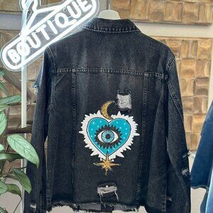 Black Distressed Denim Sequin Evil Eye Heart Moon Stars Jacket L